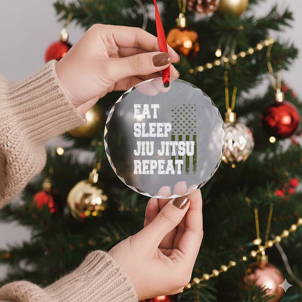 Eat Sleep Jiu Jitsu Repeat Crystal Glass Ornament Cool JiuJitsu BJJ American Flag - Wonder Print Shop