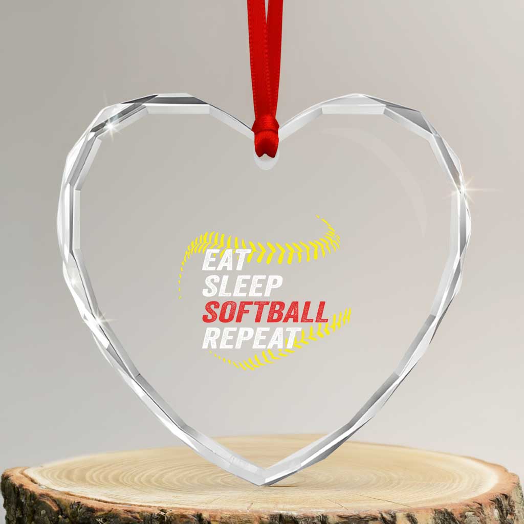 Eat Sleep Softball Repeat Heart Crystal Glass Ornament Funny Softball Player