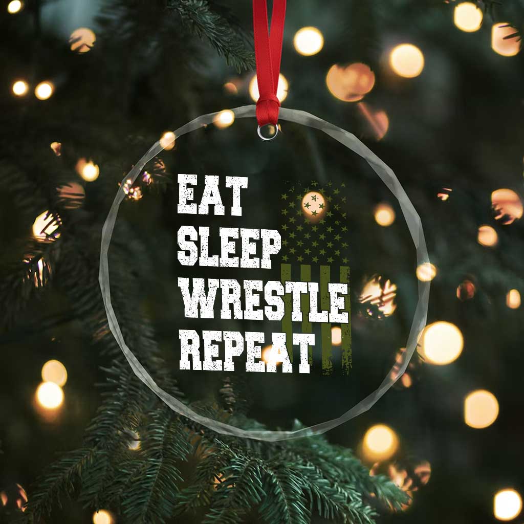 Eat Sleep Wrestle Repeat Crystal Glass Ornament Funny Wrestling Gym American Flag - Wonder Print Shop