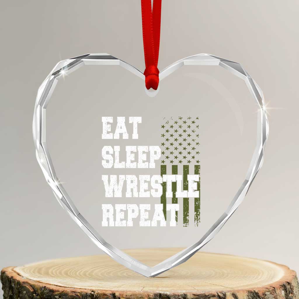 Eat Sleep Wrestle Repeat Heart Crystal Glass Ornament Funny Wrestling Gym American Flag - Wonder Print Shop