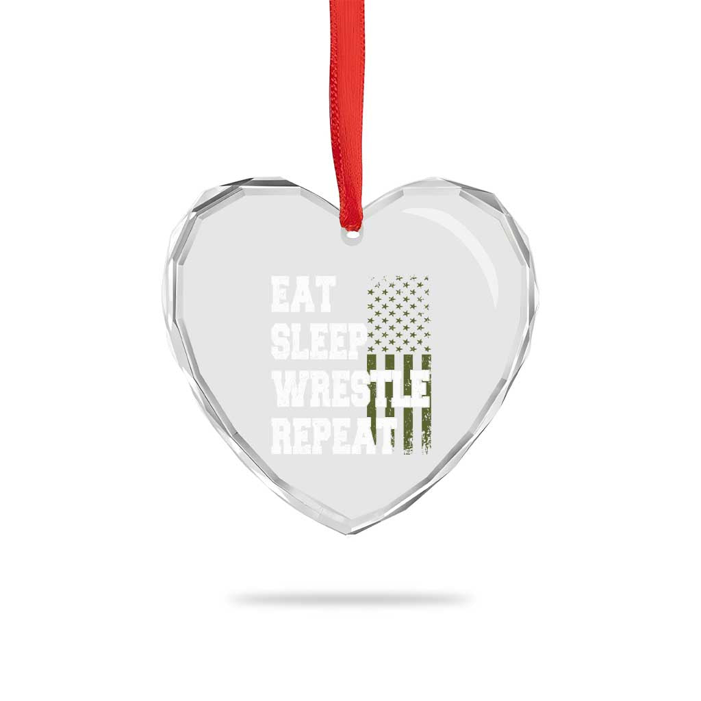 Eat Sleep Wrestle Repeat Heart Crystal Glass Ornament Funny Wrestling Gym American Flag - Wonder Print Shop