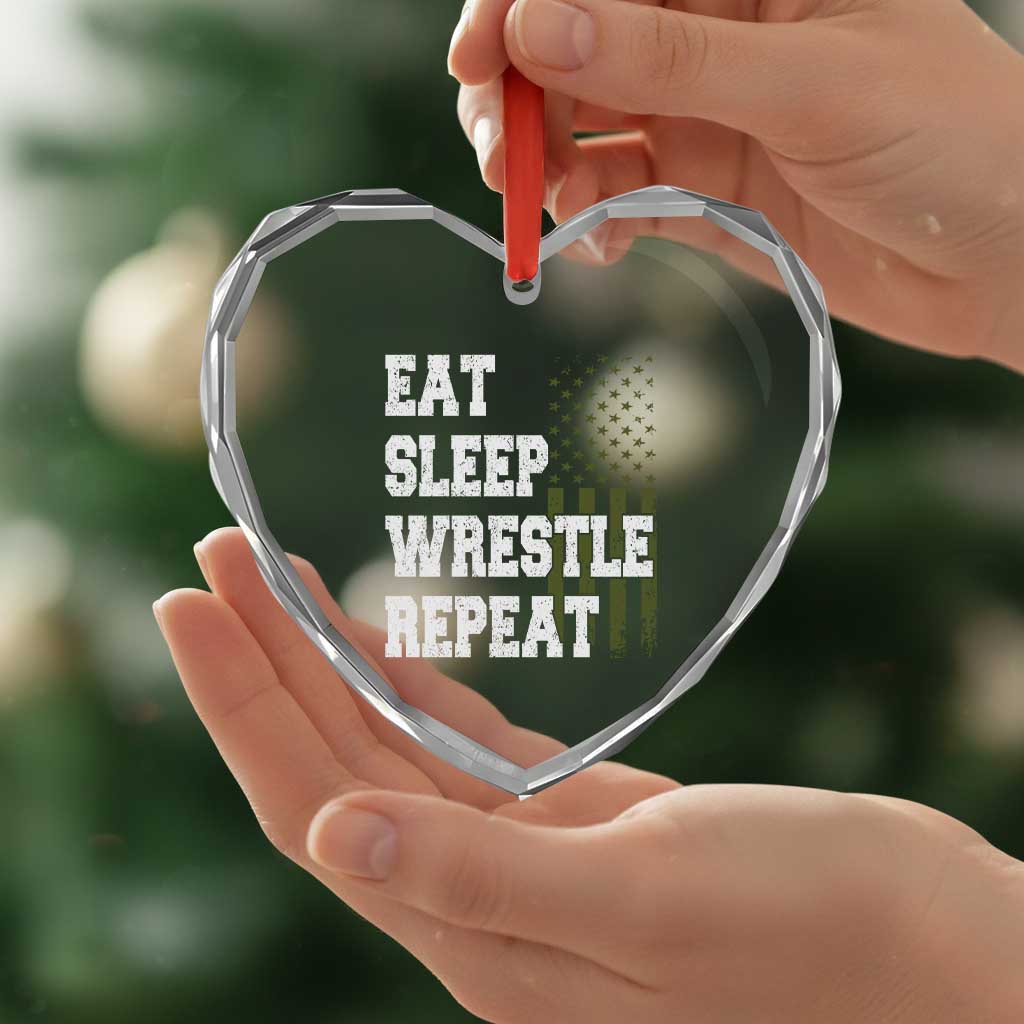 Eat Sleep Wrestle Repeat Heart Crystal Glass Ornament Funny Wrestling Gym American Flag - Wonder Print Shop