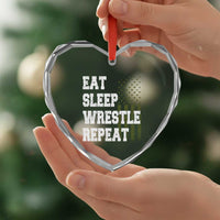 Eat Sleep Wrestle Repeat Heart Crystal Glass Ornament Funny Wrestling Gym American Flag - Wonder Print Shop