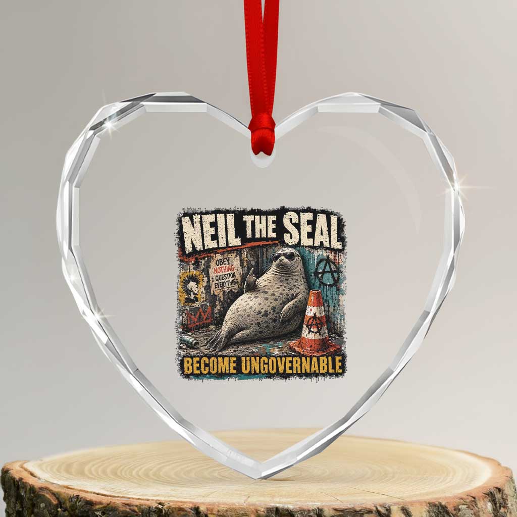 Edgy Neil the Seal Become Ungovernable Graffiti Graphic Heart Crystal Glass Ornament Sarcastic Rebel Viral Chaotic Elephant Seal Sunglasses Meme