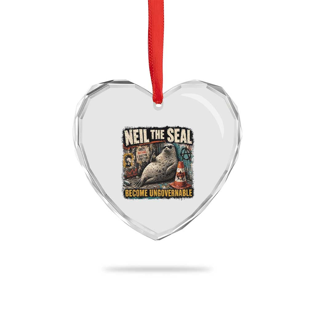 Edgy Neil the Seal Become Ungovernable Graffiti Graphic Heart Crystal Glass Ornament Sarcastic Rebel Viral Chaotic Elephant Seal Sunglasses Meme