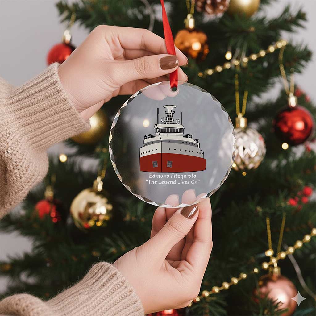 Edmund Fitzgerald Tribute Crystal Glass Ornament The Legend Lives On Great Lakes Freighter Memorial - Wonder Print Shop