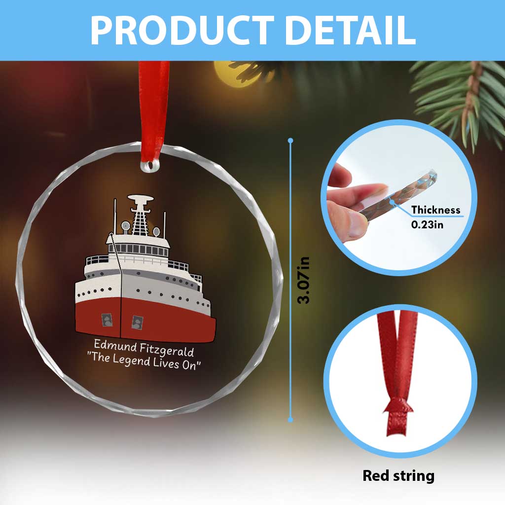 Edmund Fitzgerald Tribute Crystal Glass Ornament The Legend Lives On Great Lakes Freighter Memorial - Wonder Print Shop