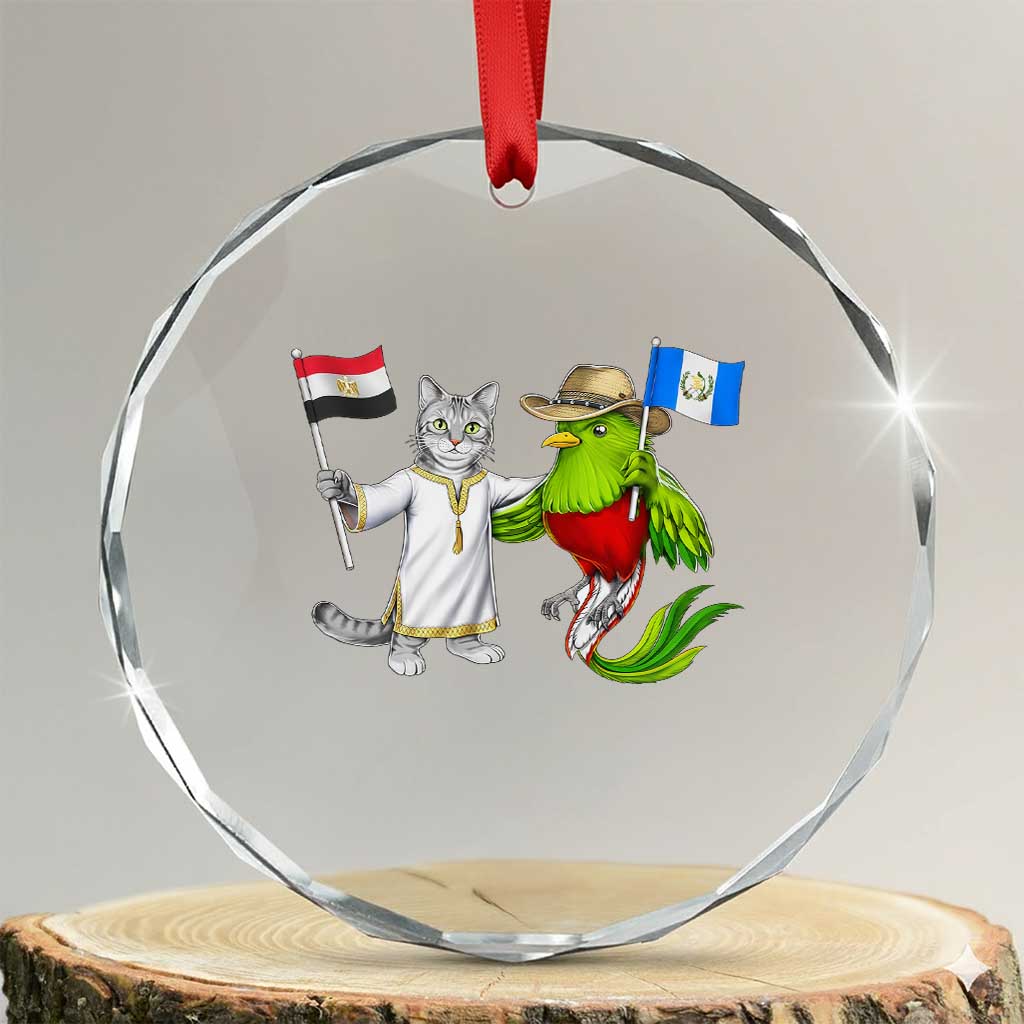 Egypt and Guatemala Friendship Heritage Pride Crystal Glass Ornament Cute Cat and Quetzal Holding Flag