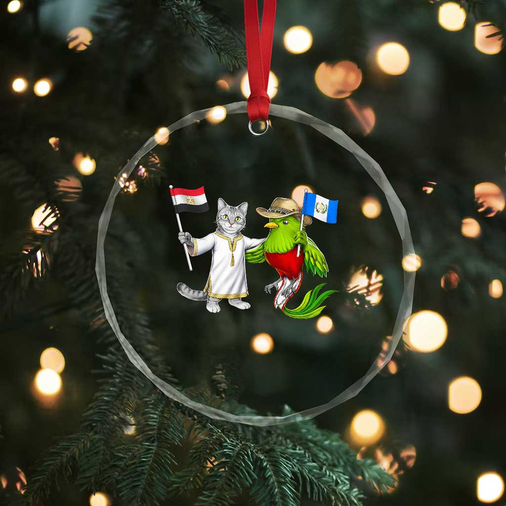 Egypt and Guatemala Friendship Heritage Pride Crystal Glass Ornament Cute Cat and Quetzal Holding Flag