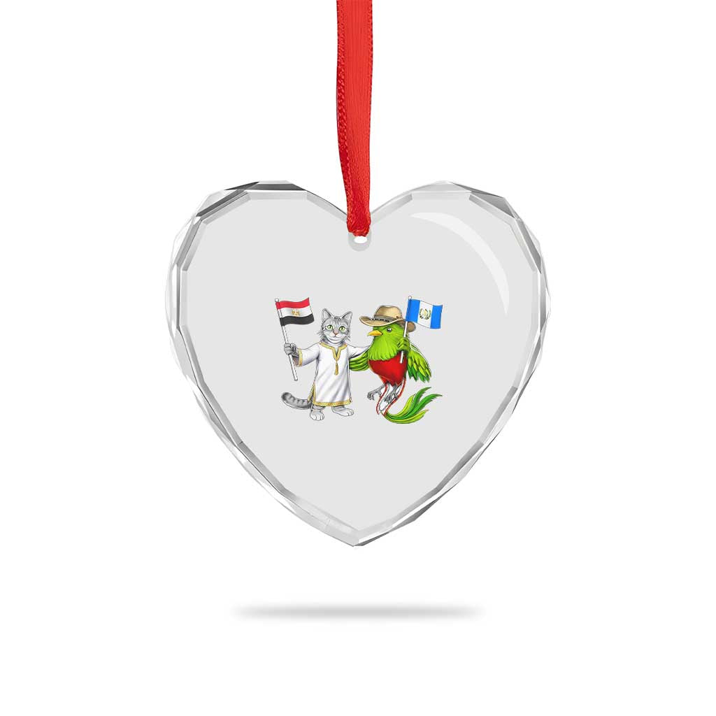 Egypt and Guatemala Friendship Heritage Pride Heart Crystal Glass Ornament Cute Cat and Quetzal Holding Flag