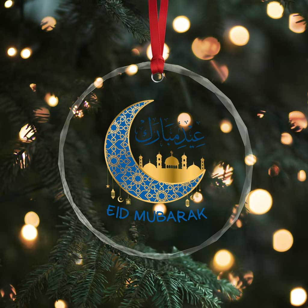 Eid Mubarak Crescent Moon Mosque Crystal Glass Ornament Arabic Calligraphy Islamic Celebration Gift