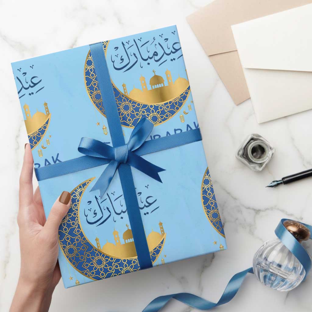 Eid Mubarak Crescent Moon Mosque Wrapping Paper Roll Arabic Calligraphy Islamic Celebration Gift