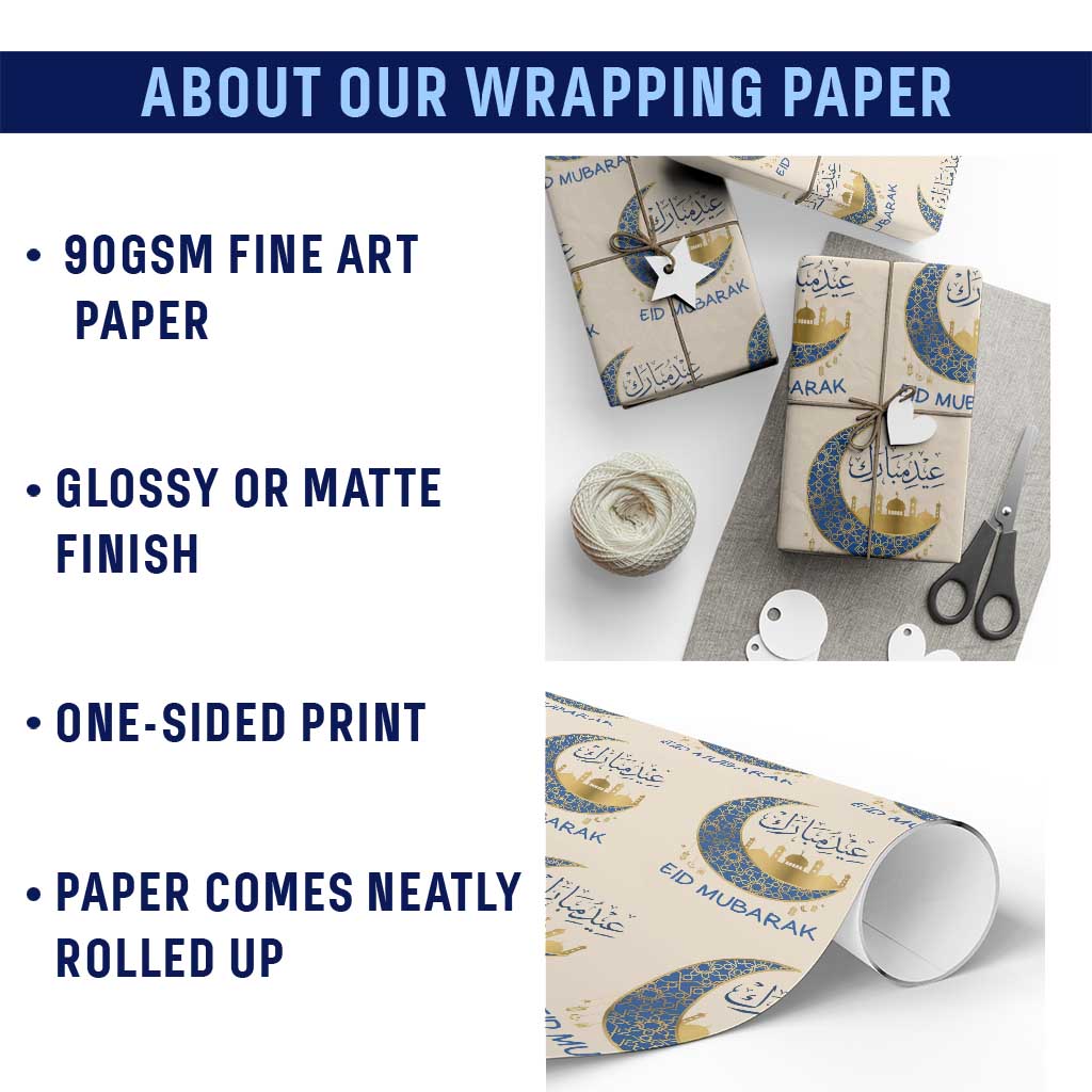 Eid Mubarak Crescent Moon Mosque Wrapping Paper Roll Arabic Calligraphy Islamic Celebration Gift