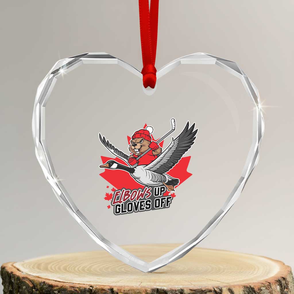 Elbows Up Gloves Off Heart Crystal Glass Ornament Canadian Ice Hockey Beaver Gift - Wonder Print Shop