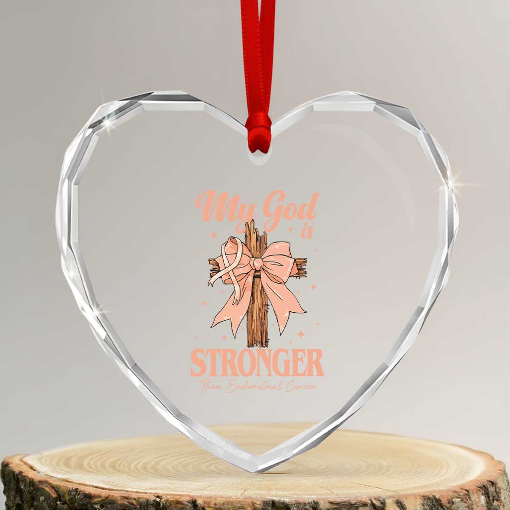 Endometrial Cancer Faith Peach Ribbon Heart Crystal Glass Ornament My God Is Stronger Than Endometrial Cancer