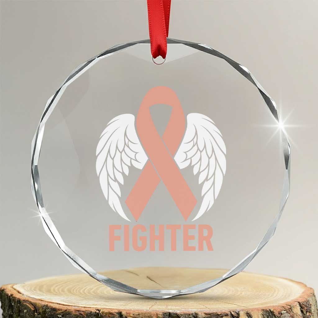 Endometrial Cancer Fighter Crystal Glass Ornament Peach Ribbon Angel Wings Survivor