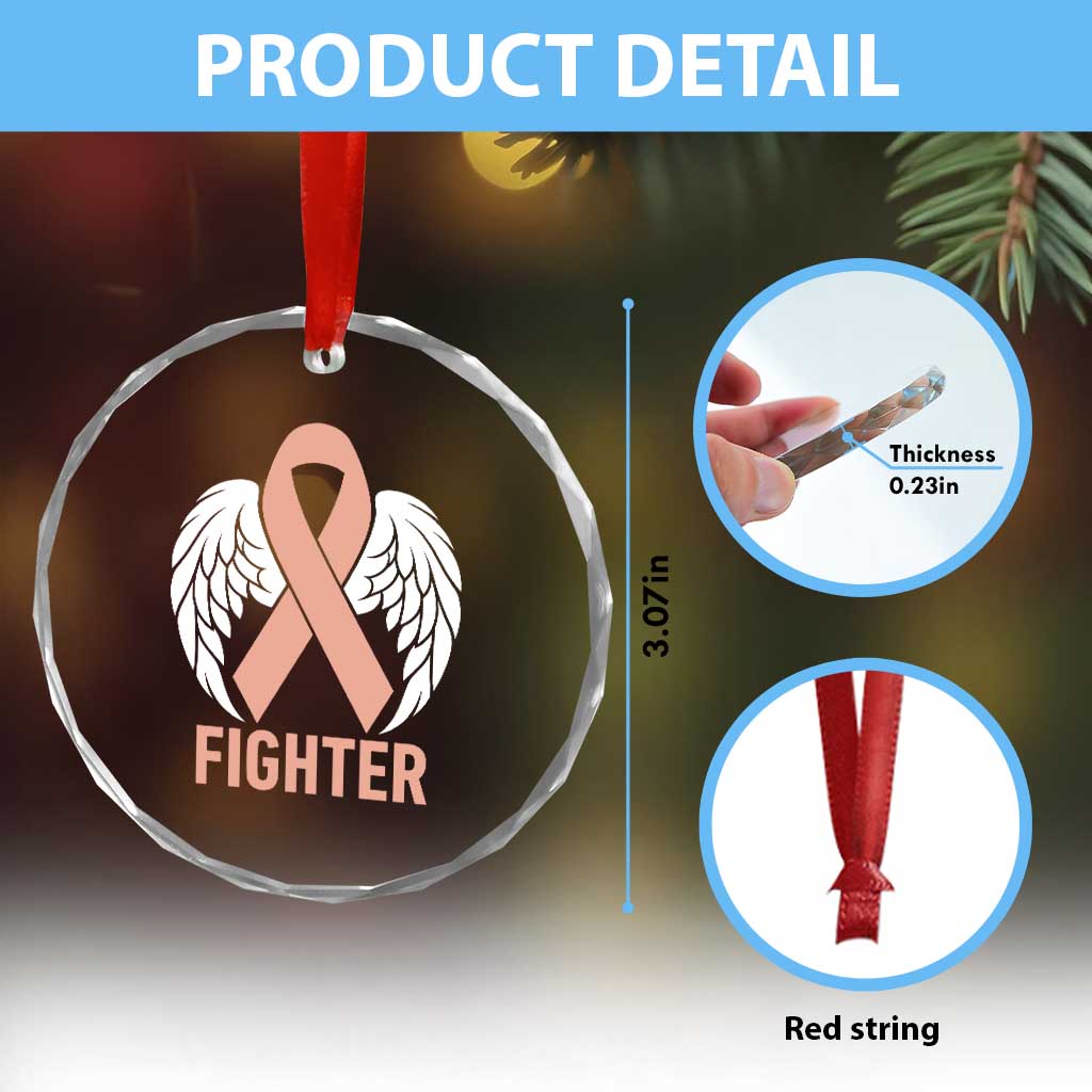 Endometrial Cancer Fighter Crystal Glass Ornament Peach Ribbon Angel Wings Survivor