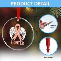 Endometrial Cancer Fighter Crystal Glass Ornament Peach Ribbon Angel Wings Survivor