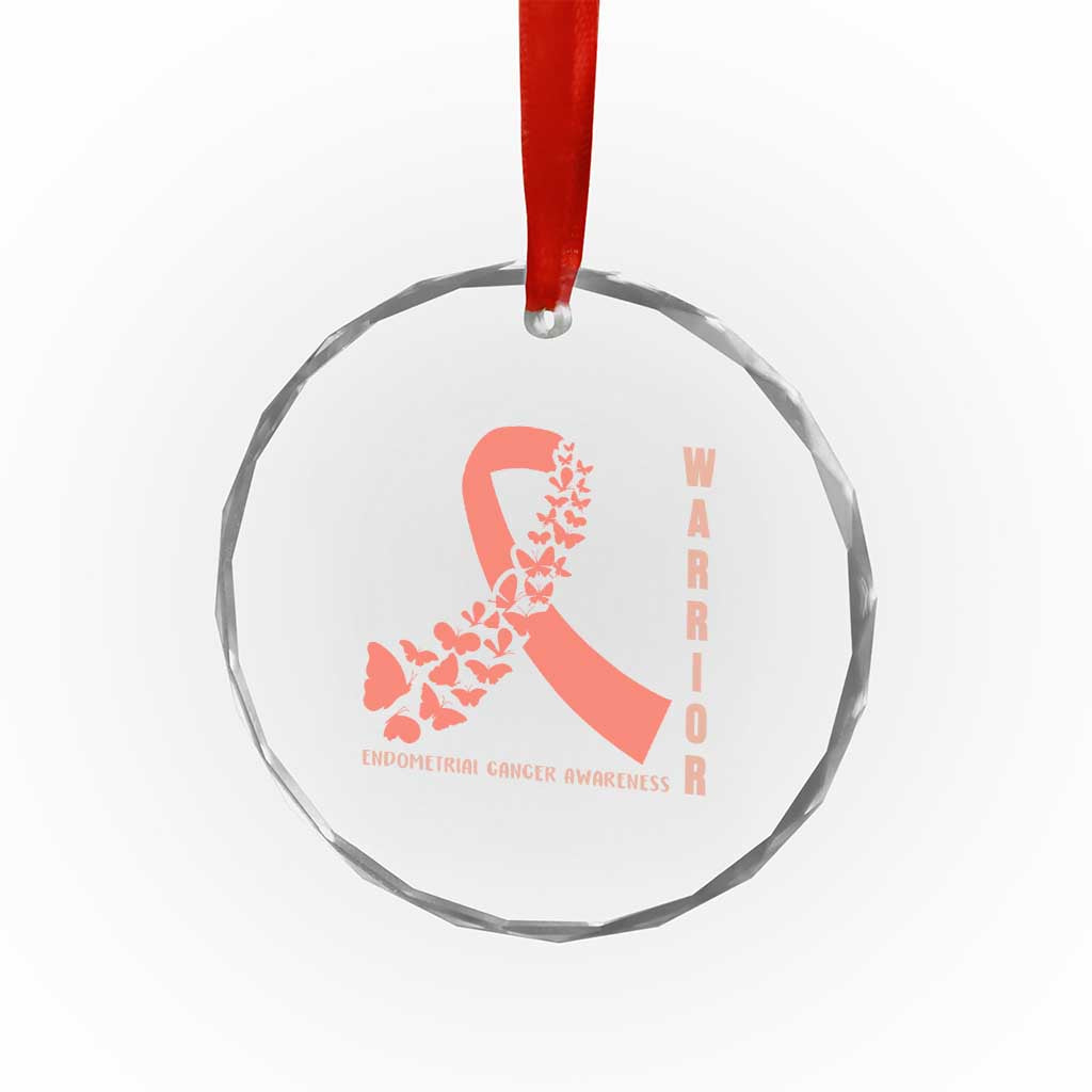 Endometrial Cancer Warrior Fighter Butterfly Crystal Glass Ornament Peach Ribbon Hope