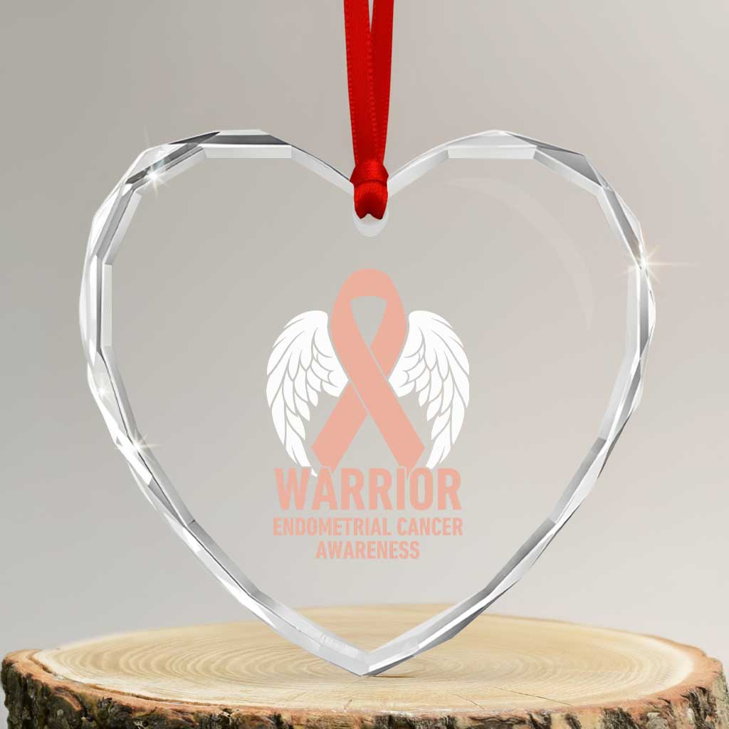 Endometrial Cancer Warrior Heart Crystal Glass Ornament Peach Ribbon Angel Wings Support