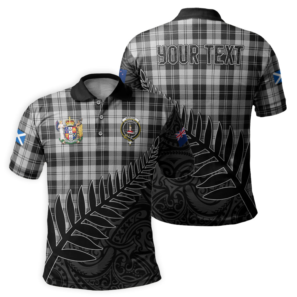 erskine-black-and-white-tartan-family-crest-golf-shirt-with-fern-leaves-and-coat-of-arm-of-new-zealand-personalized-your-name-scottish-tatan-polo-shirt
