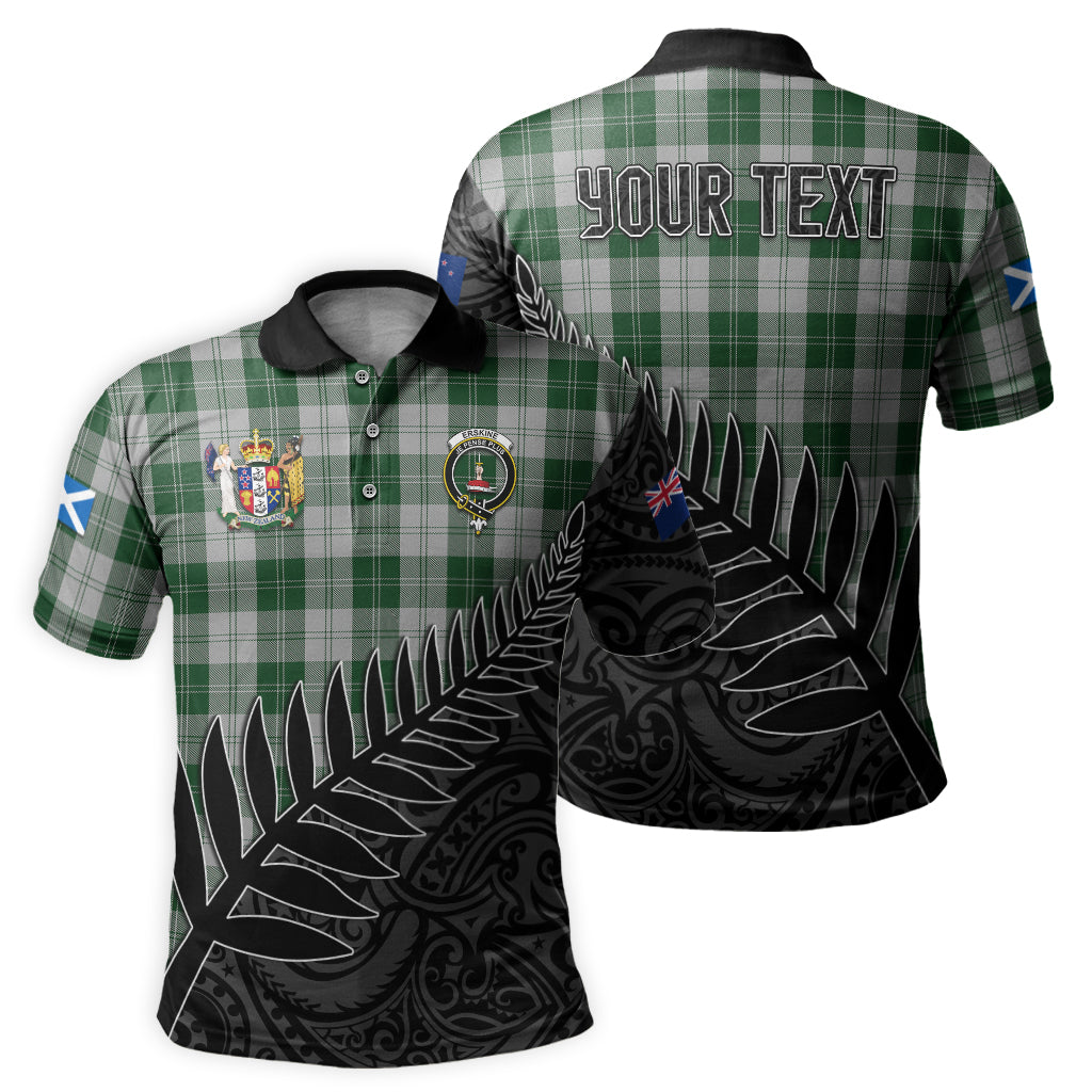erskine-green-tartan-family-crest-golf-shirt-with-fern-leaves-and-coat-of-arm-of-new-zealand-personalized-your-name-scottish-tatan-polo-shirt