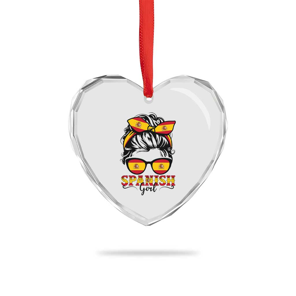 Espana Spain Messy Bun Girl Spanish Flag Heart Crystal Glass Ornament