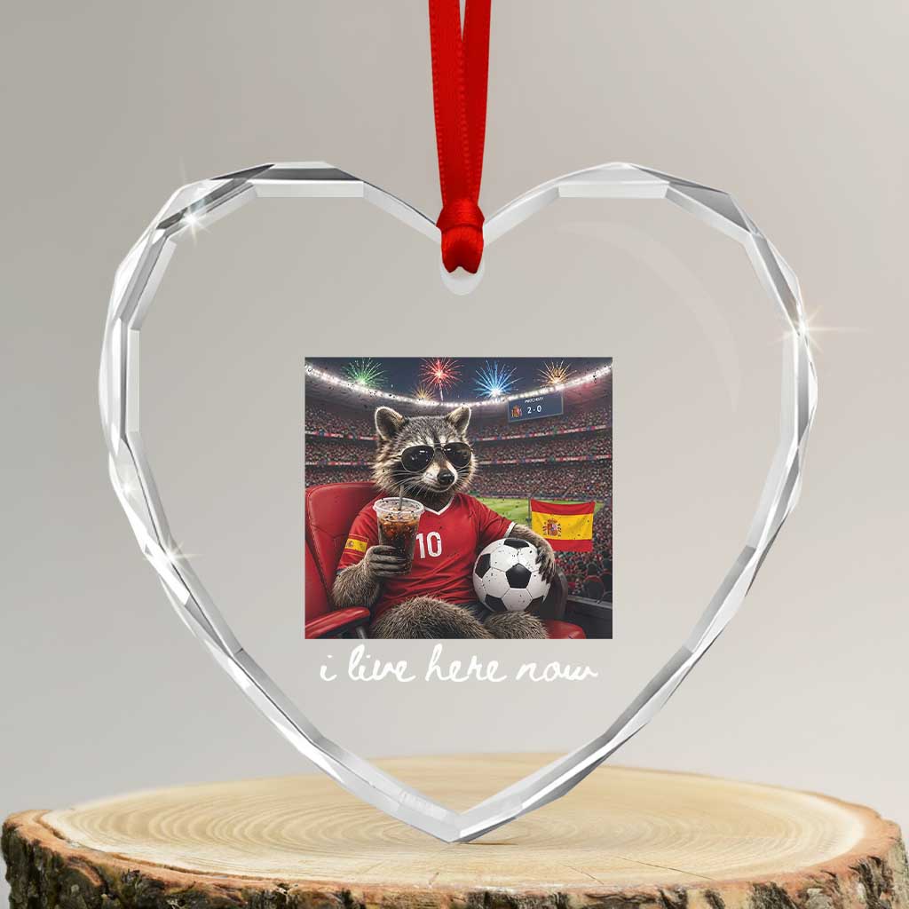 Espana Spain Soccer Football Fan Spanish Flag Heart Crystal Glass Ornament Funny Raccoon I Live Here Now