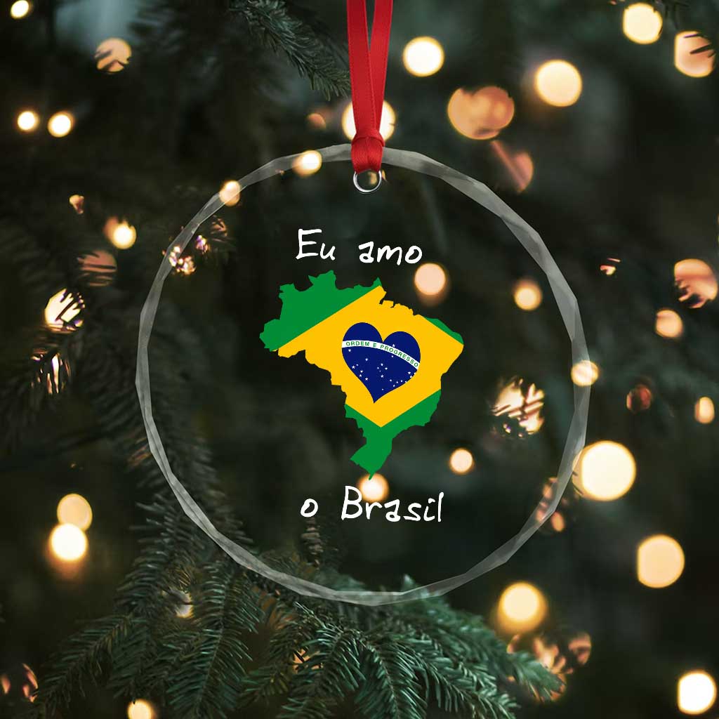Eu Amo O Brasil Flag Map Crystal Glass Ornament I Love Brazil Patriotic Heart Brazilian Pride
