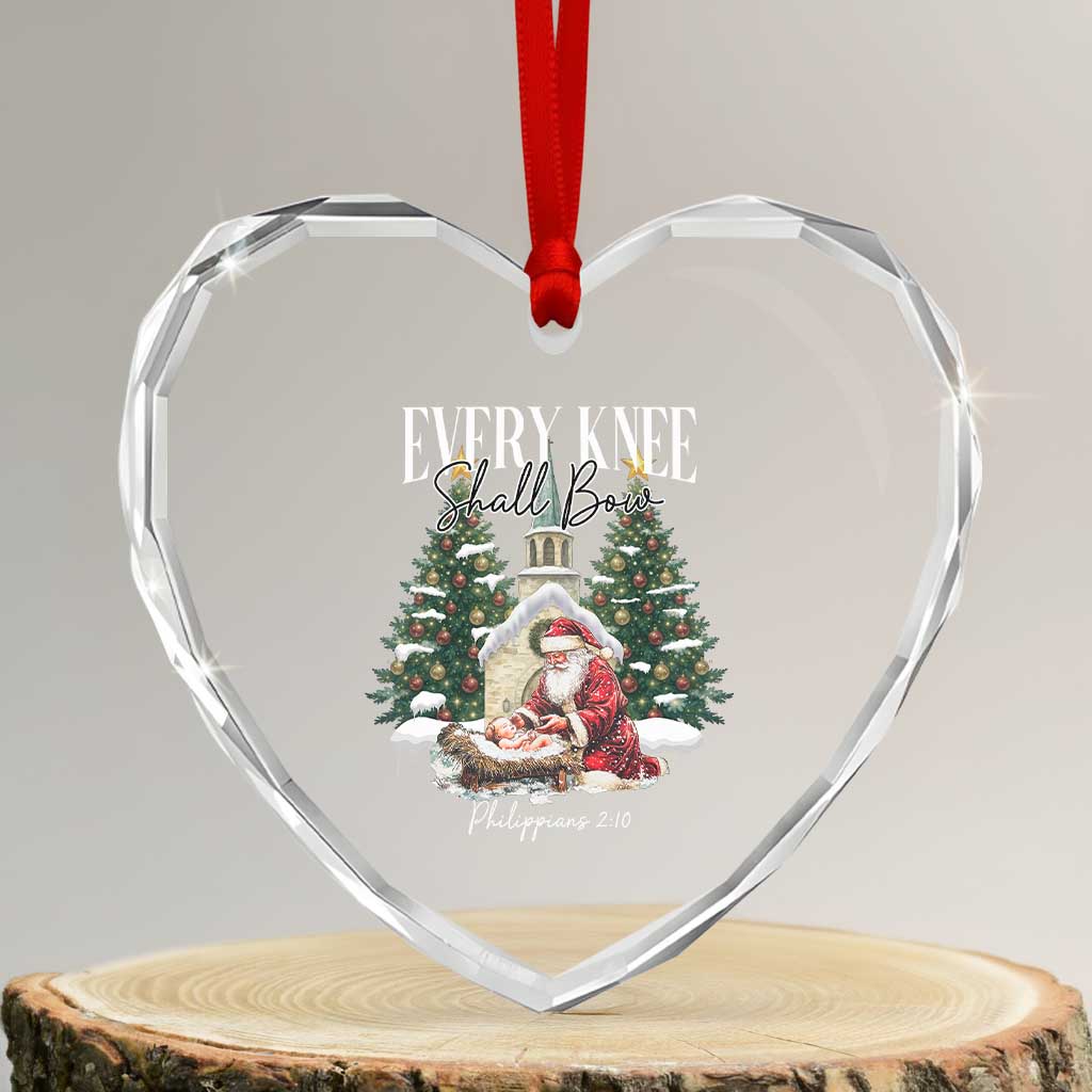 Every Knee Shall Bow Heart Crystal Glass Ornament Nativity Scene Santa and Baby Jesus Christmas - Wonder Print Shop