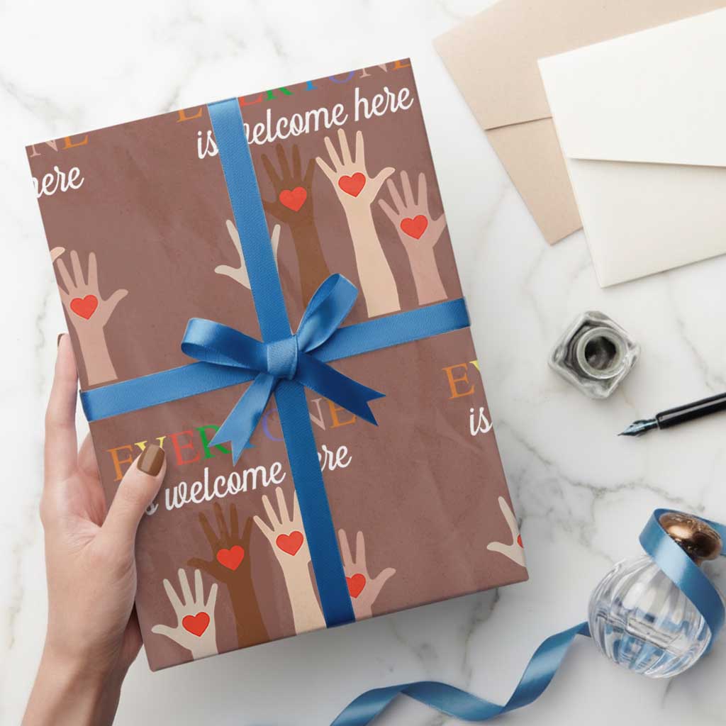 Everyone Is Welcome Here Wrapping Paper Roll Equality Fist Hands Hearts - Wonder Print Shop