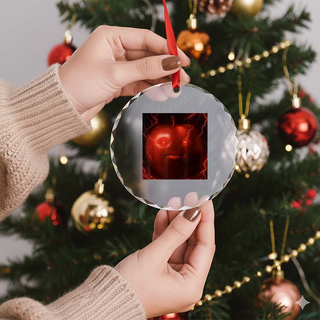 Evil Freaky Apple Meme Crystal Glass Ornament Creepy Dark AI Fruit Face With Glowing Eyes - Wonder Print Shop