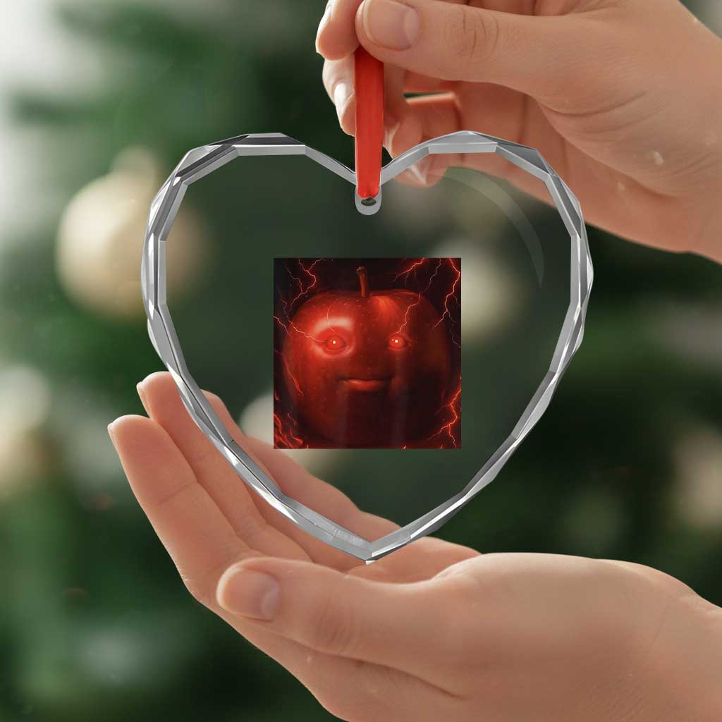 Evil Freaky Apple Meme Heart Crystal Glass Ornament Creepy Dark AI Fruit Face With Glowing Eyes - Wonder Print Shop