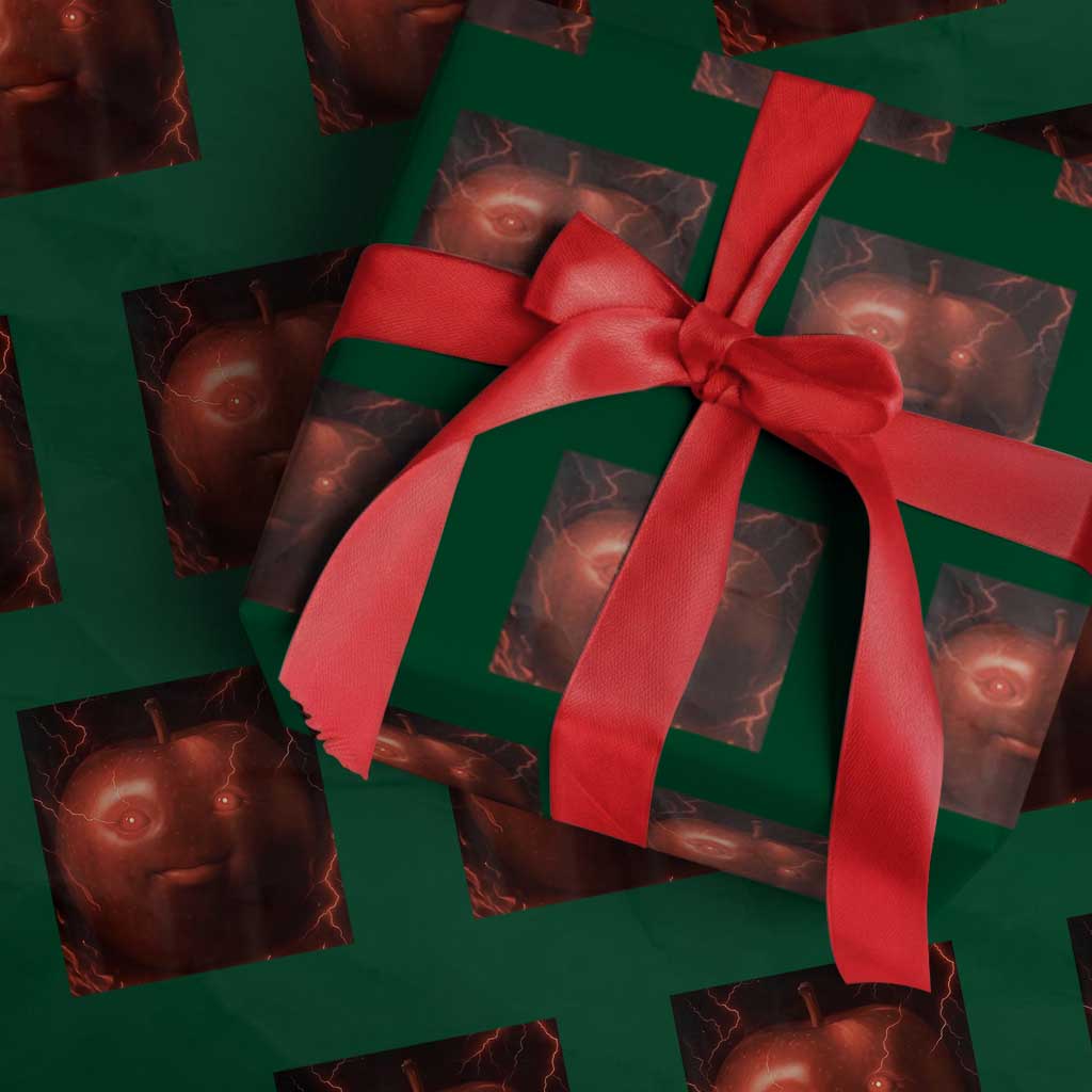 Evil Freaky Apple Meme Wrapping Paper Roll Creepy Dark AI Fruit Face With Glowing Eyes - Wonder Print Shop