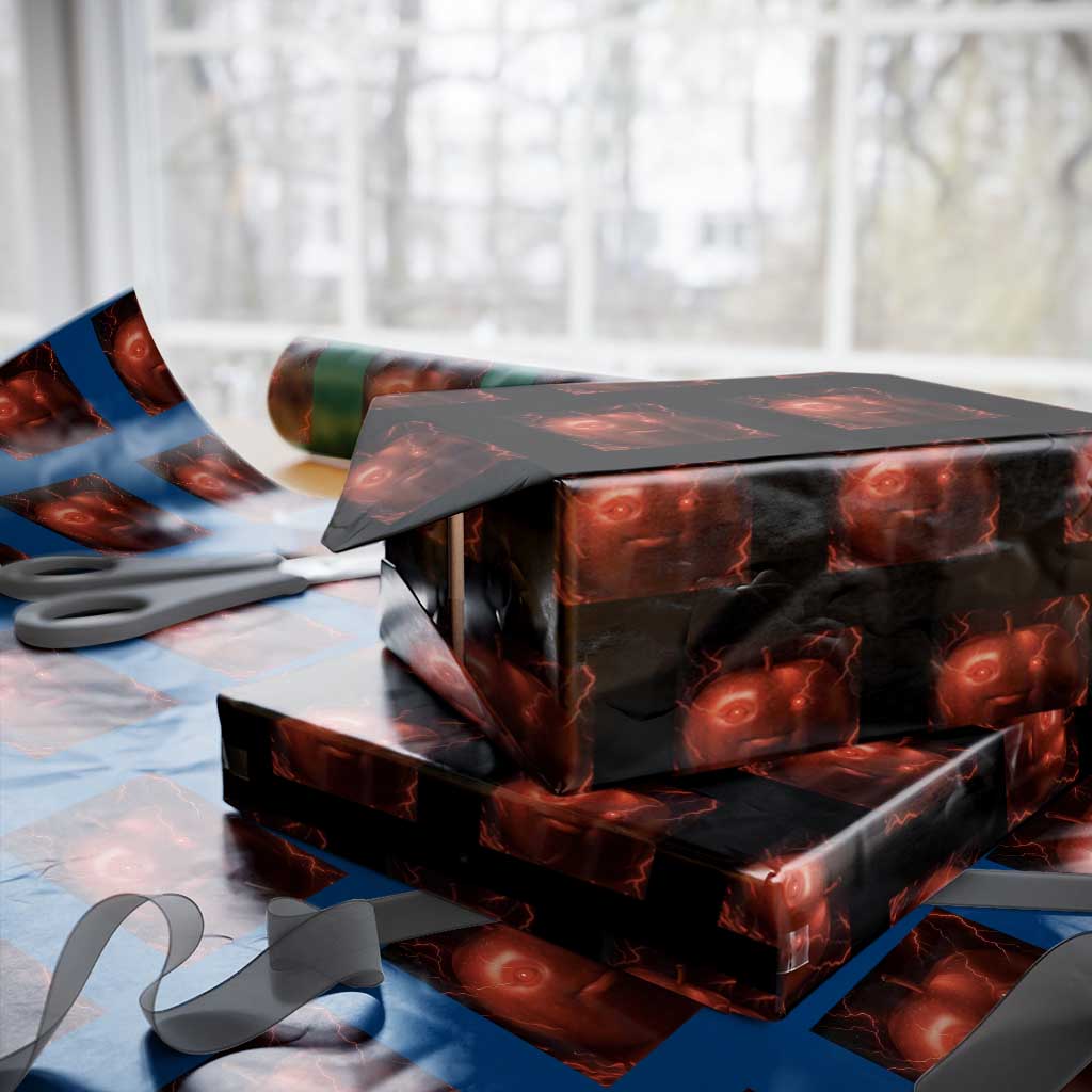 Evil Freaky Apple Meme Wrapping Paper Roll Creepy Dark AI Fruit Face With Glowing Eyes - Wonder Print Shop