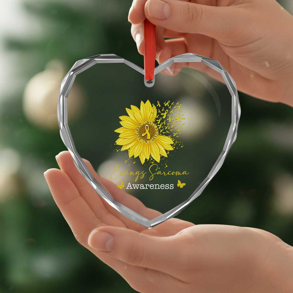Ewings Sarcoma Awareness Heart Crystal Glass Ornament Yellow Flower Petal Ribbons Sunflower