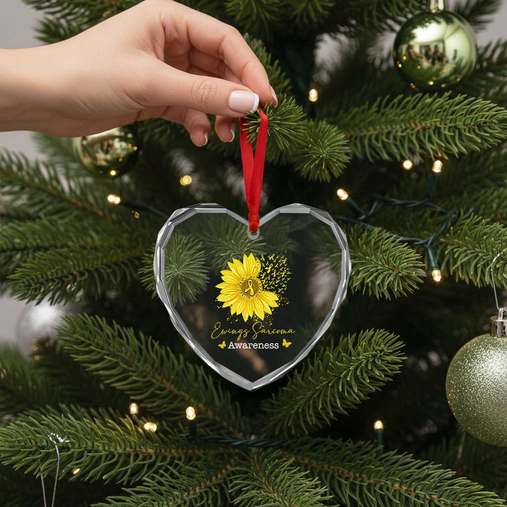 Ewings Sarcoma Awareness Heart Crystal Glass Ornament Yellow Flower Petal Ribbons Sunflower