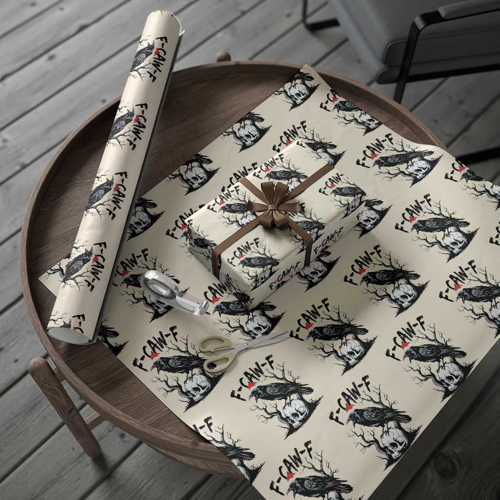 F Caw F Gothic Xmas Raven Wrapping Paper Roll With Skull Funny Dark Holiday Humor Spooky Season - Wonder Print Shop