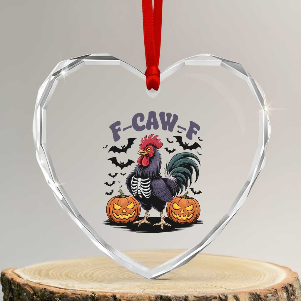F Caw F Halloween Chicken Skeleton Heart Crystal Glass Ornament Spooky Funny Rooster Meme - Wonder Print Shop