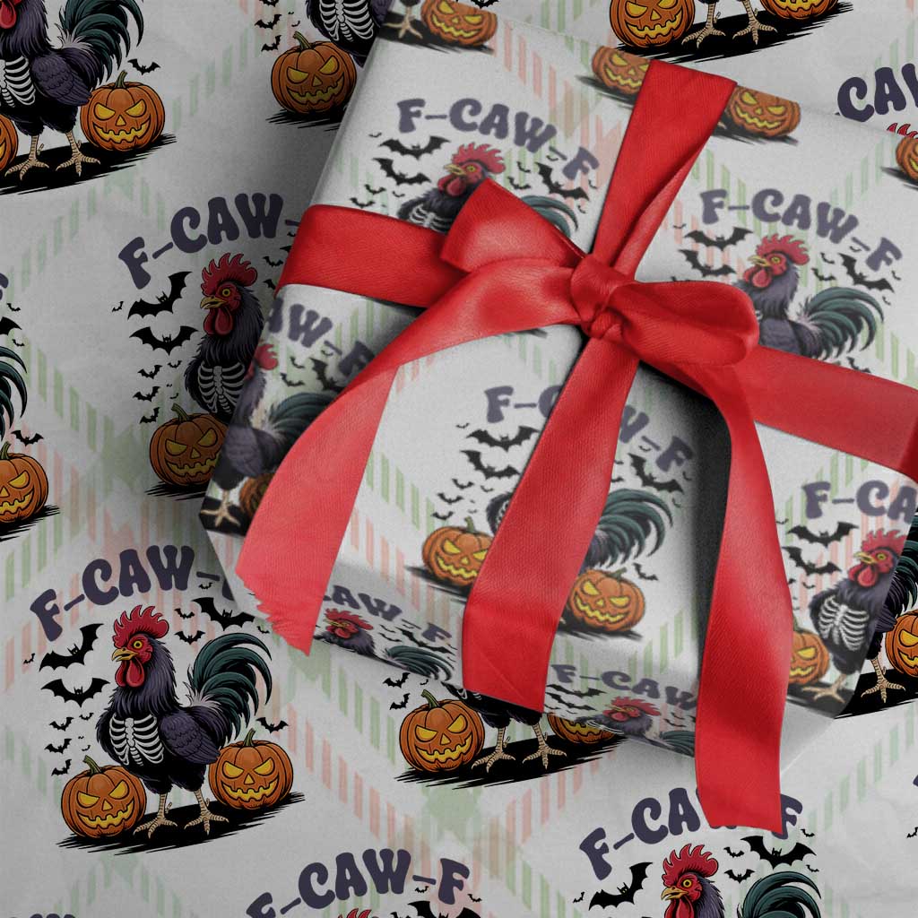 F Caw F Halloween Chicken Skeleton Wrapping Paper Roll Spooky Funny Rooster Meme TS02