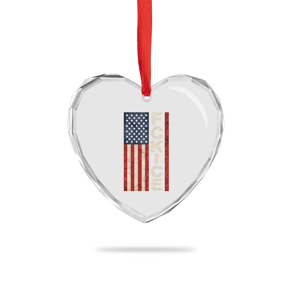 F Ice Retro Distressed American Flag Heart Crystal Glass Ornament Patriotic Against Ice Justice Protest Resistance