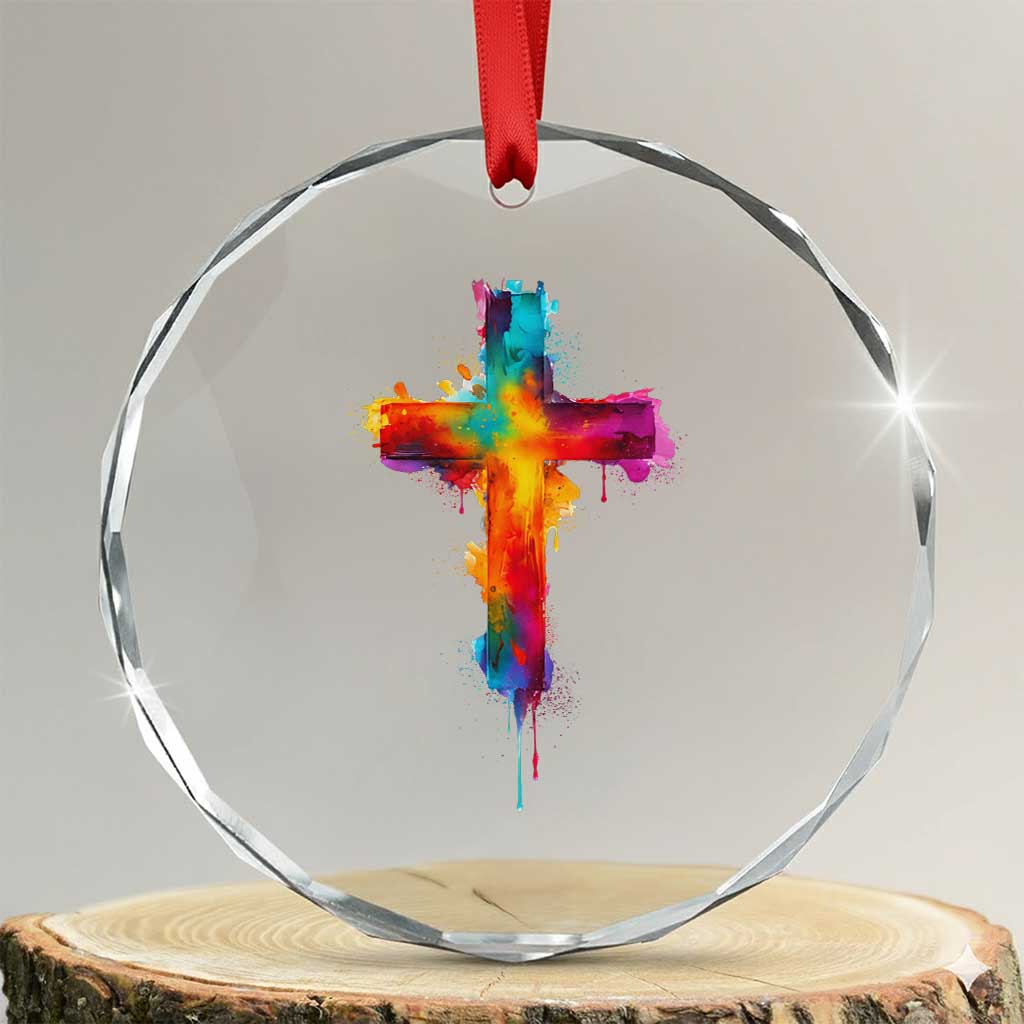 Faith Cross Crystal Glass Ornament Christian Believe Blessed By God Colorful Watercolor Graphic