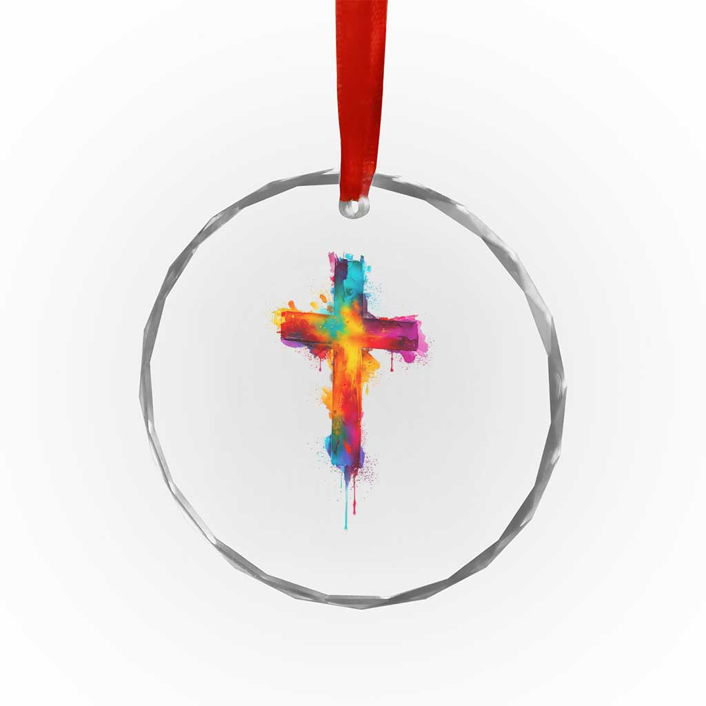 Faith Cross Crystal Glass Ornament Christian Believe Blessed By God Colorful Watercolor Graphic