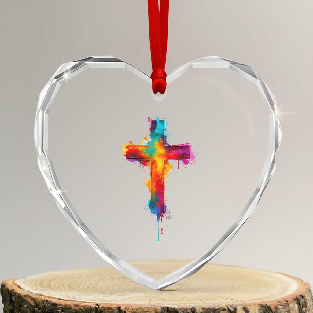Faith Cross Heart Crystal Glass Ornament Christian Believe Blessed By God Colorful Watercolor Graphic