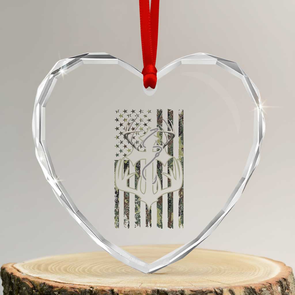 Faith Fishing Hunting Camo US Flag Cross With Hook Christian Heart Crystal Glass Ornament - Wonder Print Shop