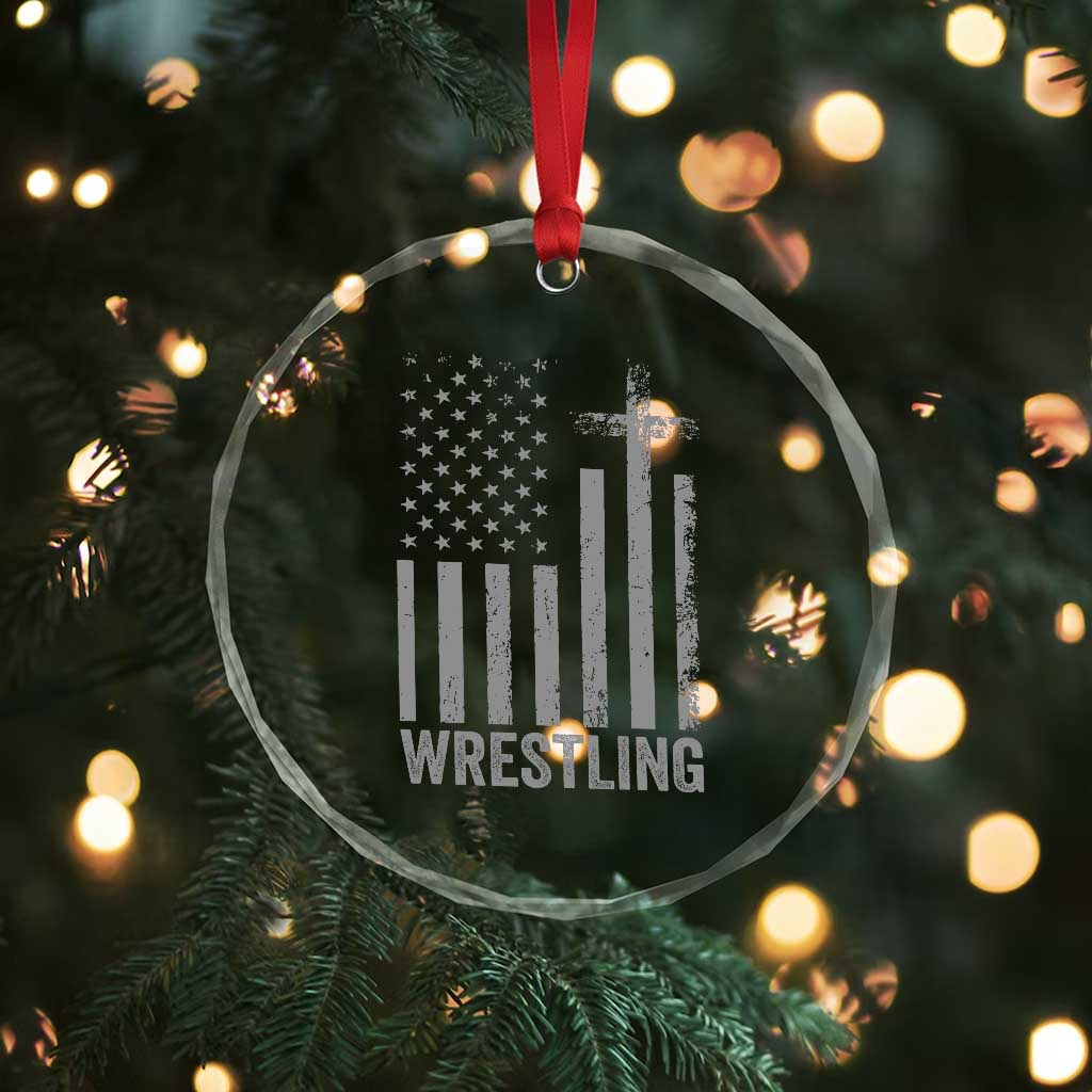 Faith Wrestling Crystal Glass Ornament Christian Wrestler American Flag Cross