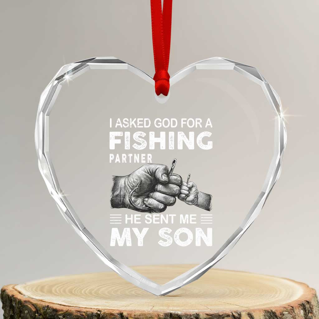 Father And Son Fishing Heart Crystal Glass Ornament Asked God For A Fishing Partner Graphic