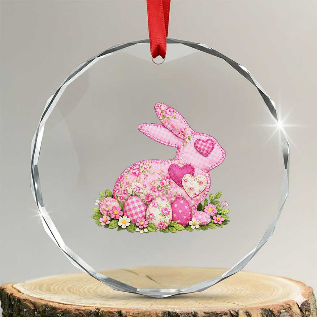 Faux Patchwork Easter Bunny Effect Printed Crystal Glass Ornament Vintage Cottagecore Floral Bunny Gift