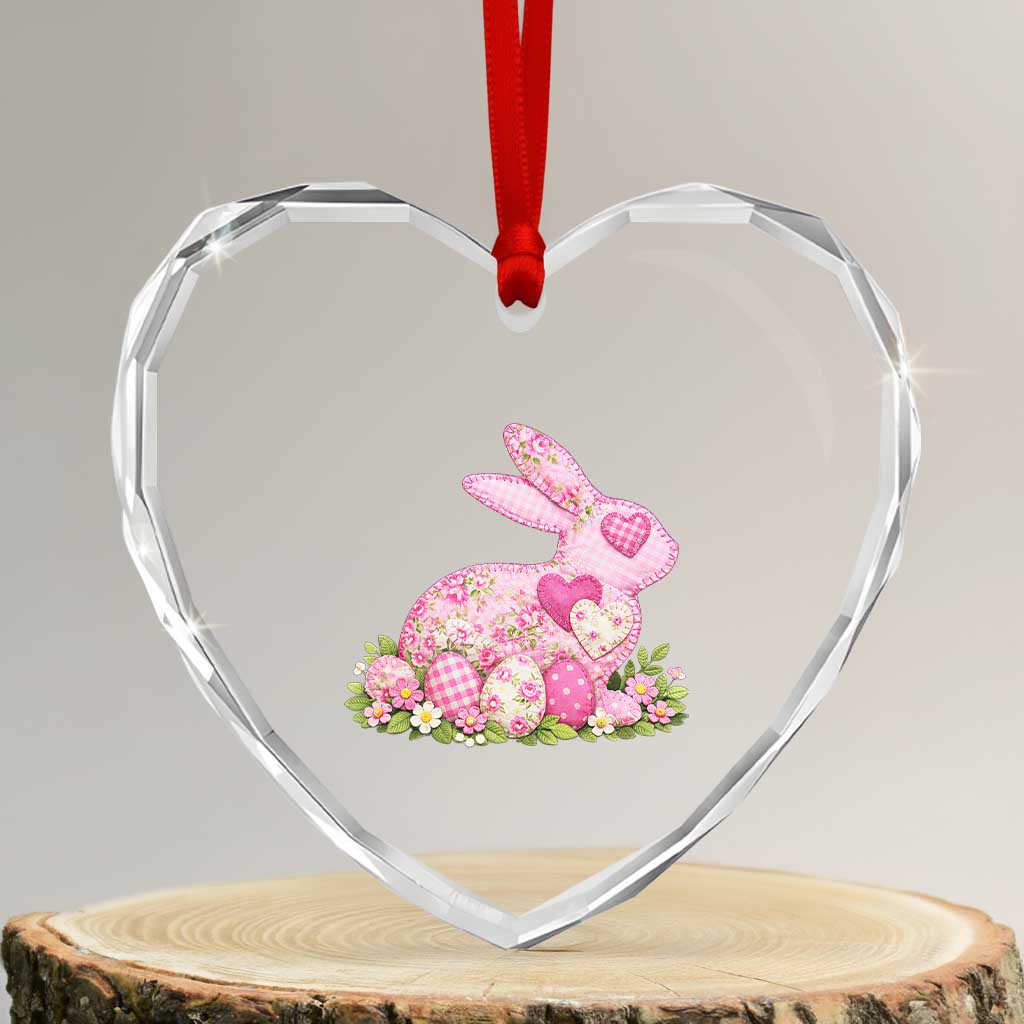 Faux Patchwork Easter Bunny Effect Printed Heart Crystal Glass Ornament Vintage Cottagecore Floral Bunny Gift