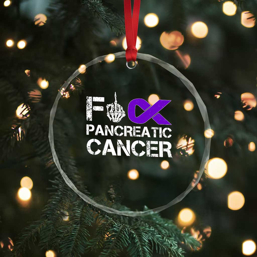 Fck Pancreatic Cancer Crystal Glass Ornament Purple Ribbon Skeleton Hand Graphic